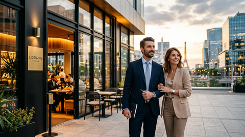 Entrepreneur analysant un business plan pour ouvrir un restaurant moderne avec une tablette tactile.