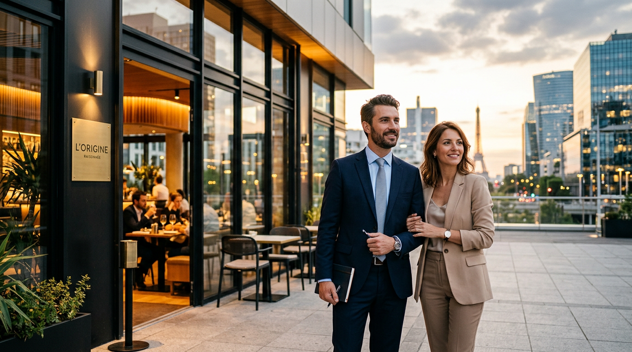 Entrepreneur analysant un business plan pour ouvrir un restaurant moderne avec une tablette tactile.