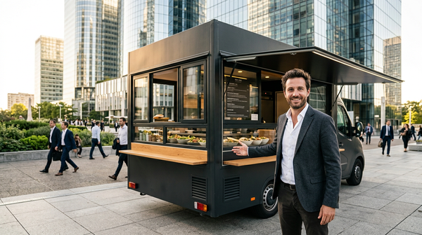 Entrepreneur préparant son projet pour ouvrir un food truck moderne avec un budget maîtrisé.