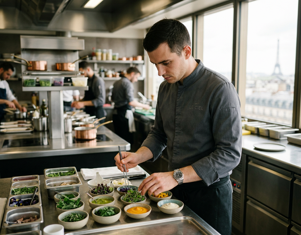Entrepreneur examinant les plans de travaux pour ouvrir un restaurant moderne en 2026.