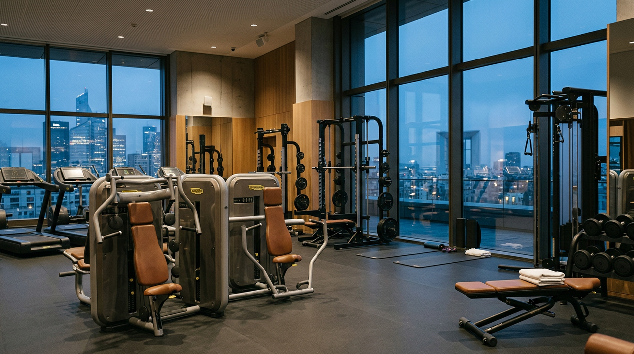 Entrepreneur planifiant d'ouvrir une salle de sport avec un business plan et des équipements de fitness.