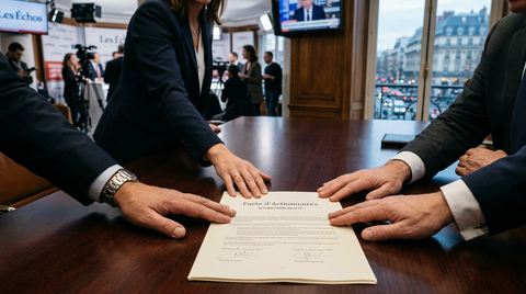 Signature d'un pacte actionnaires PME entre deux dirigeants pour sécuriser la gouvernance.