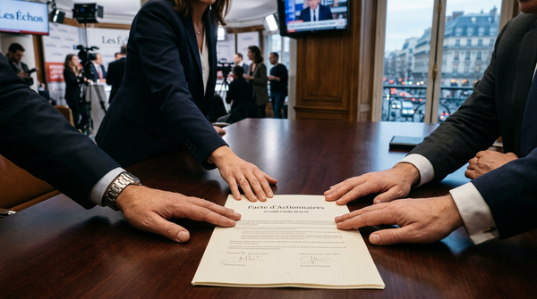 Signature d'un pacte actionnaires PME entre deux dirigeants pour sécuriser la gouvernance.