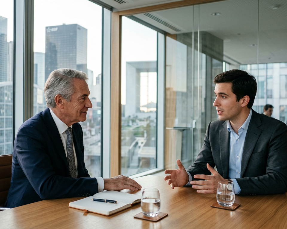 Deux personnes, un mentor expérimenté et un jeune entrepreneur, discutant autour d'une table, symbolisant le soutien du Pacte Mentor Bpifrance.