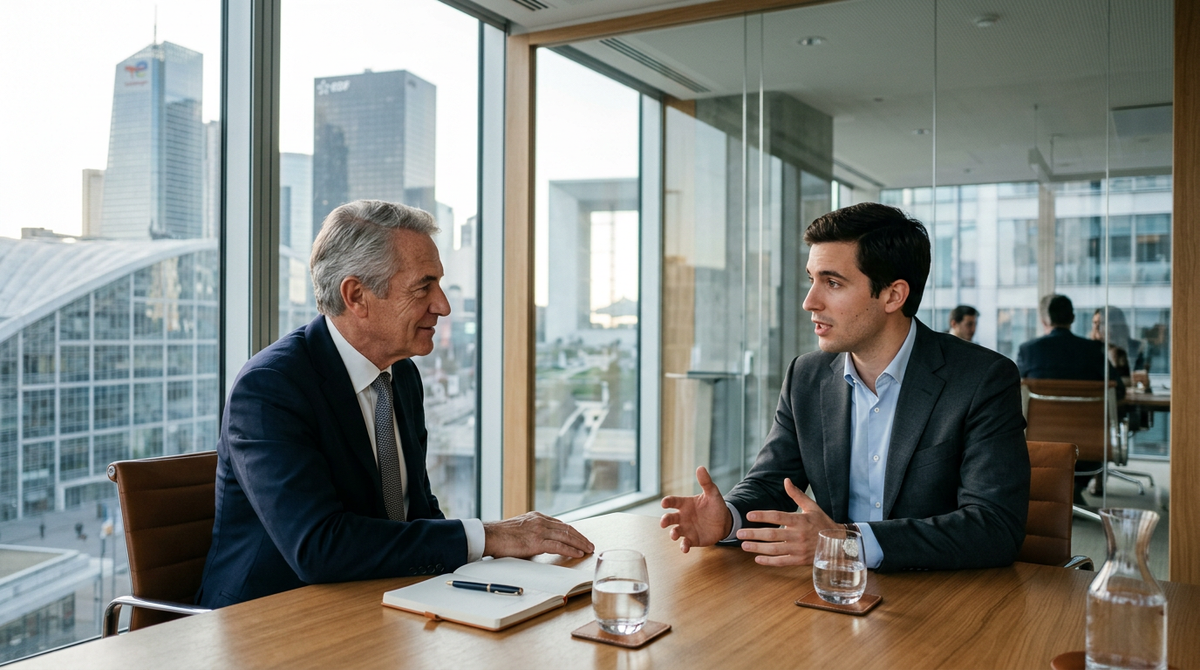 Deux personnes, un mentor expérimenté et un jeune entrepreneur, discutant autour d'une table, symbolisant le soutien du Pacte Mentor Bpifrance.
