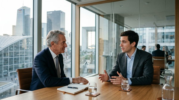 Deux personnes, un mentor expérimenté et un jeune entrepreneur, discutant autour d'une table, symbolisant le soutien du Pacte Mentor Bpifrance.