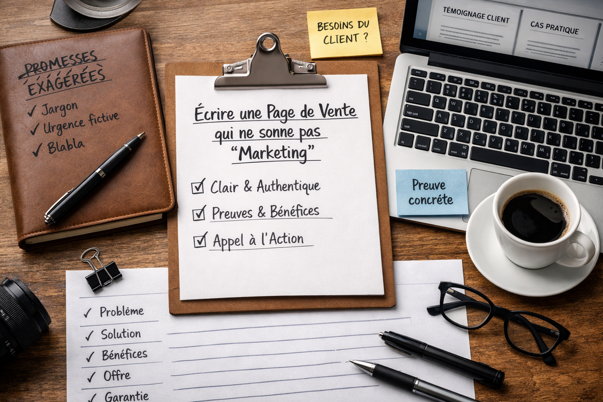 Bureau en bois avec un ordinateur portable et un café ; au centre, une feuille sur pince indique « Écrire une page de vente qui ne sonne pas marketing » avec une checklist, entourée de notes « besoins du client ? » et « preuve concrète », d’un carnet « promesses exagérées », d’un stylo et de lunettes.