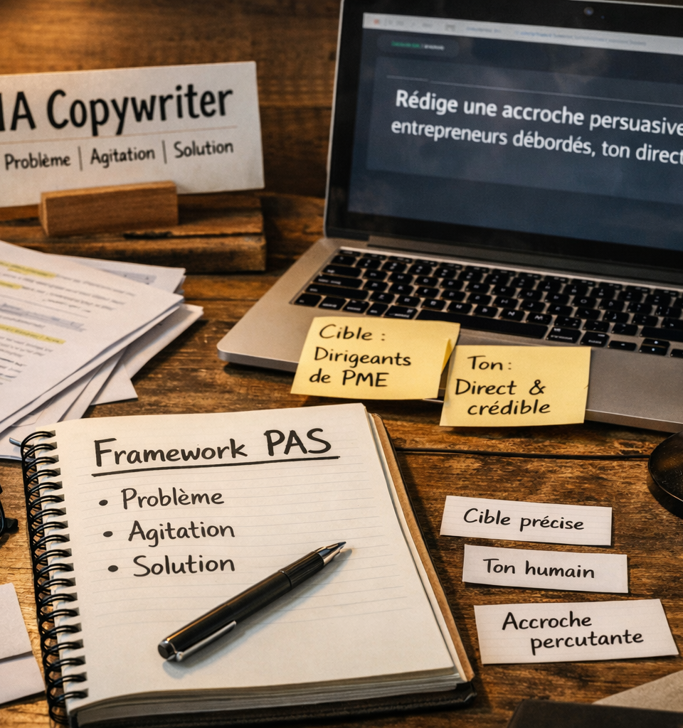 Illustration réaliste en format paysage d’un espace de travail dédié au copywriting assisté par IA : un ordinateur portable affiche un prompt marketing en français, un carnet ouvert présente le framework PAS (Problème, Agitation, Solution), avec stylo, documents annotés, notes repositionnables, micro de bureau, lunettes et tasse de café sur une table en bois, dans une ambiance professionnelle et chaleureuse.
