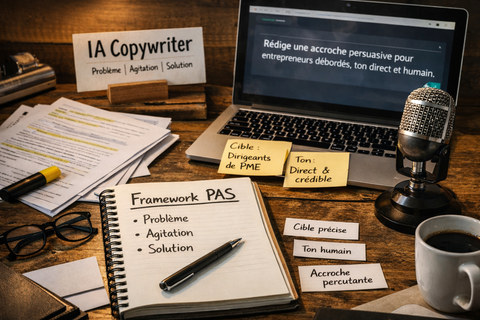 Illustration réaliste en format paysage d’un espace de travail dédié au copywriting assisté par IA : un ordinateur portable affiche un prompt marketing en français, un carnet ouvert présente le framework PAS (Problème, Agitation, Solution), avec stylo, documents annotés, notes repositionnables, micro de bureau, lunettes et tasse de café sur une table en bois, dans une ambiance professionnelle et chaleureuse.
