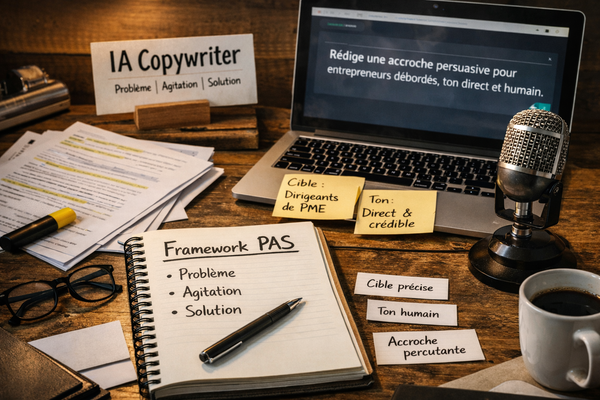 Illustration réaliste en format paysage d’un espace de travail dédié au copywriting assisté par IA : un ordinateur portable affiche un prompt marketing en français, un carnet ouvert présente le framework PAS (Problème, Agitation, Solution), avec stylo, documents annotés, notes repositionnables, micro de bureau, lunettes et tasse de café sur une table en bois, dans une ambiance professionnelle et chaleureuse.