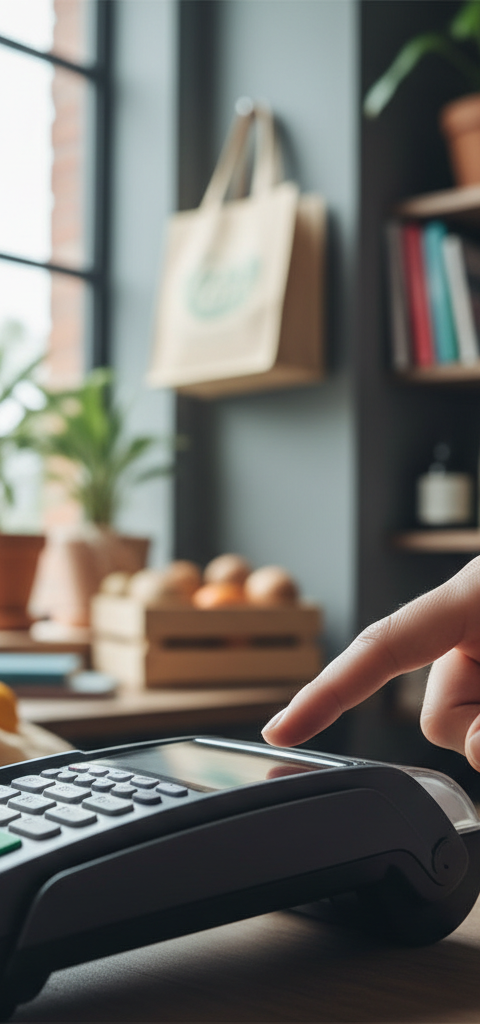 Gros plan sur une main effectuant un paiement biométrique par empreinte digitale sur un terminal de paiement moderne dans un commerce de proximité.