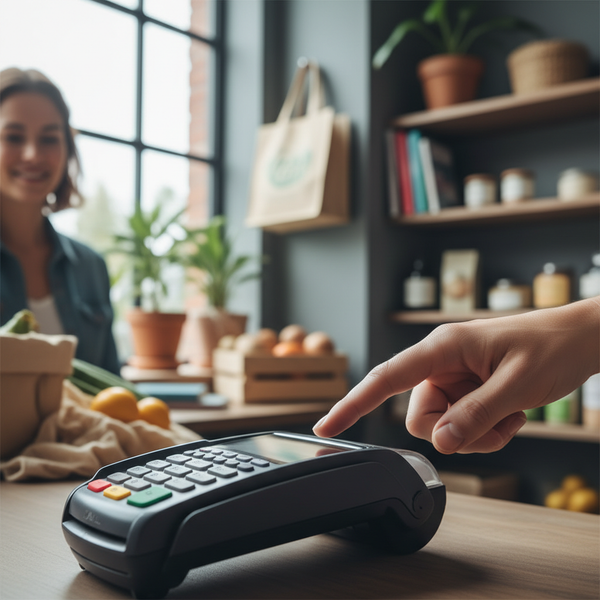 Gros plan sur une main effectuant un paiement biométrique par empreinte digitale sur un terminal de paiement moderne dans un commerce de proximité.
