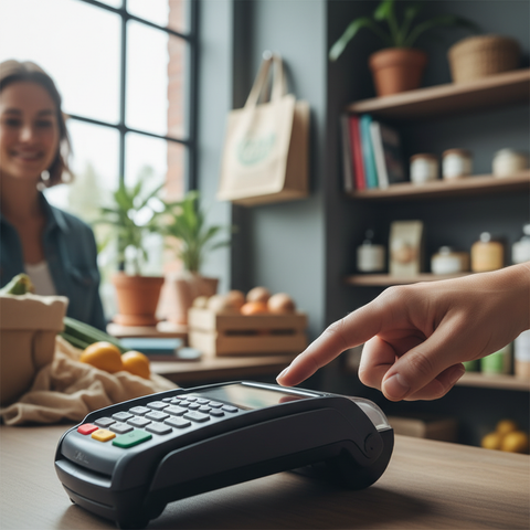 Gros plan sur une main effectuant un paiement biométrique par empreinte digitale sur un terminal de paiement moderne dans un commerce de proximité.