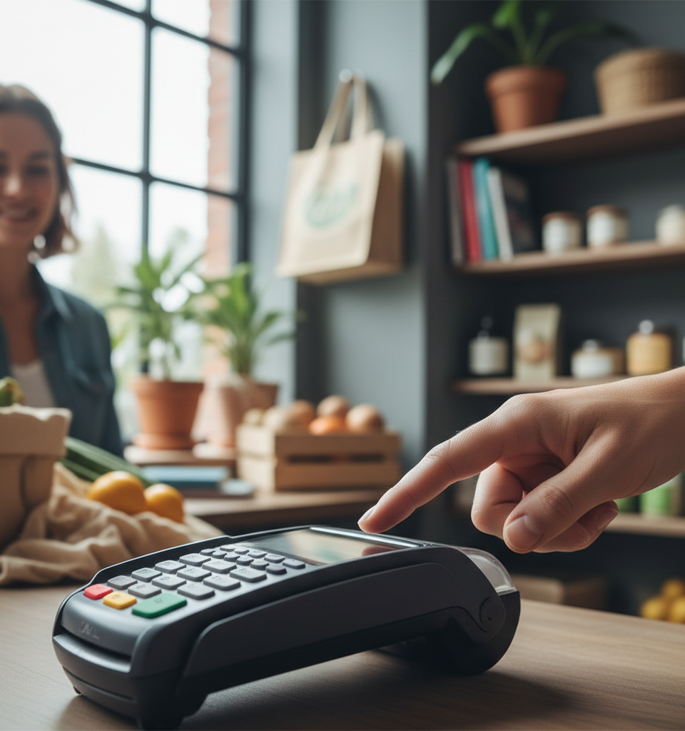 Gros plan sur une main effectuant un paiement biométrique par empreinte digitale sur un terminal de paiement moderne dans un commerce de proximité.