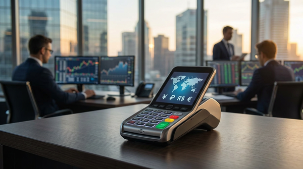 Illustration conceptuelle montrant des drapeaux des pays BRICS+ connectés par des flèches de transaction, symbolisant le nouveau système de paiement BRICS PME pour les entreprises exportatrices.