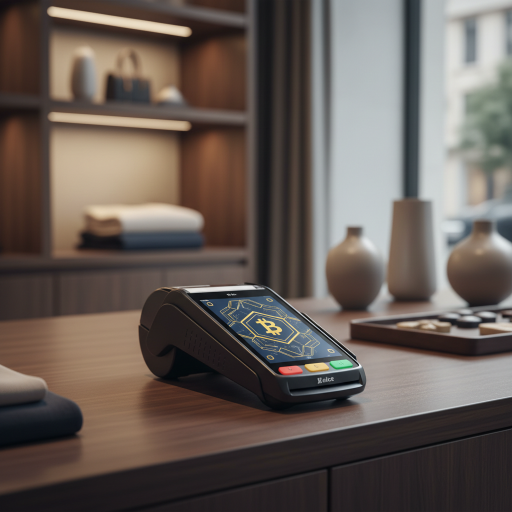 Un terminal de paiement affichant un logo de cryptomonnaie, symbolisant le paiement crypto commerce et l'innovation technologique.