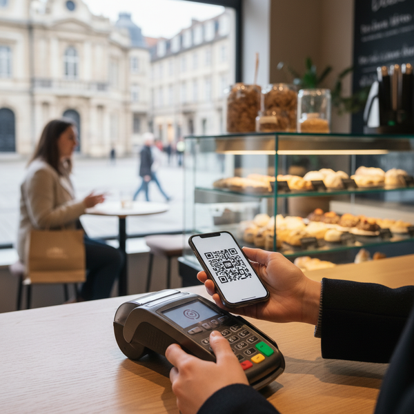 Un consommateur payant un achat dans un petit commerce français en utilisant un paiement par QR code ou wallet mobile sur son smartphone en 2026.