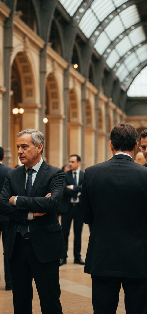 Vue aérienne du Carrousel du Louvre lors de la Paris Blockchain Week 2026, avec des participants en costumes discutant devant des écrans affichant des graphiques blockchain et des logos d'institutions financières, symbolisant la convergence finance traditionnelle et actifs numériques.