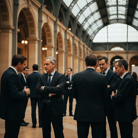 Vue aérienne du Carrousel du Louvre lors de la Paris Blockchain Week 2026, avec des participants en costumes discutant devant des écrans affichant des graphiques blockchain et des logos d'institutions financières, symbolisant la convergence finance traditionnelle et actifs numériques.