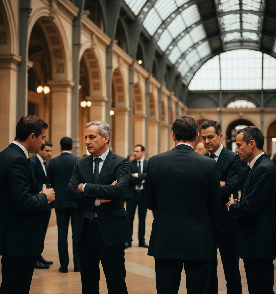 Vue aérienne du Carrousel du Louvre lors de la Paris Blockchain Week 2026, avec des participants en costumes discutant devant des écrans affichant des graphiques blockchain et des logos d'institutions financières, symbolisant la convergence finance traditionnelle et actifs numériques.