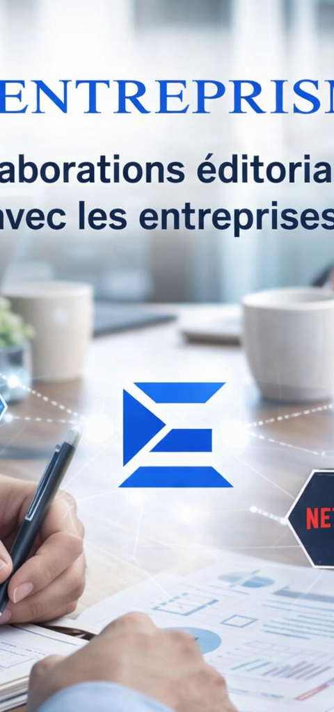 Visuel promotionnel d’Entreprisma montrant une réunion professionnelle autour d’une table, avec le logo Entreprisma au centre, le texte “Collaborations éditoriales avec les entreprises” et plusieurs logos d’entreprises et plateformes connectés dans une interface graphique évoquant la visibilité, les partenariats médias et l’écosystème digital.