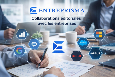 Visuel promotionnel d’Entreprisma montrant une réunion professionnelle autour d’une table, avec le logo Entreprisma au centre, le texte “Collaborations éditoriales avec les entreprises” et plusieurs logos d’entreprises et plateformes connectés dans une interface graphique évoquant la visibilité, les partenariats médias et l’écosystème digital.
