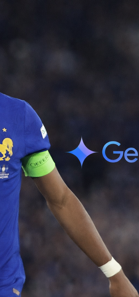 Illustration du partenariat Google équipe de France, montrant le logo Google et le coq de la FFF avec Kylian Mbappé, avec des éléments d'intelligence artificielle et de technologie mobile en arrière-plan.