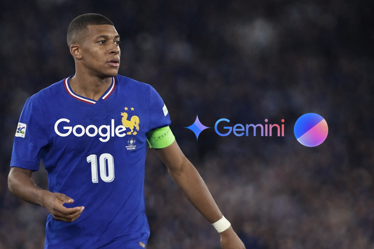 Illustration du partenariat Google équipe de France, montrant le logo Google et le coq de la FFF avec Kylian Mbappé, avec des éléments d'intelligence artificielle et de technologie mobile en arrière-plan.
