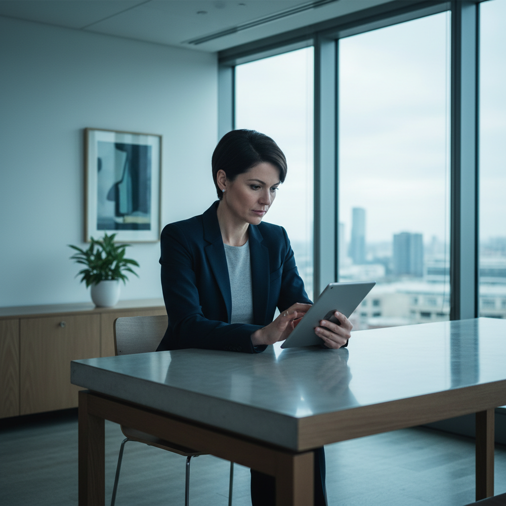 Un dirigeant en costume, l'air concentré, examinant des informations sur une tablette, avec des éléments visuels suggérant des fake news IA et la pensée critique en arrière-plan.