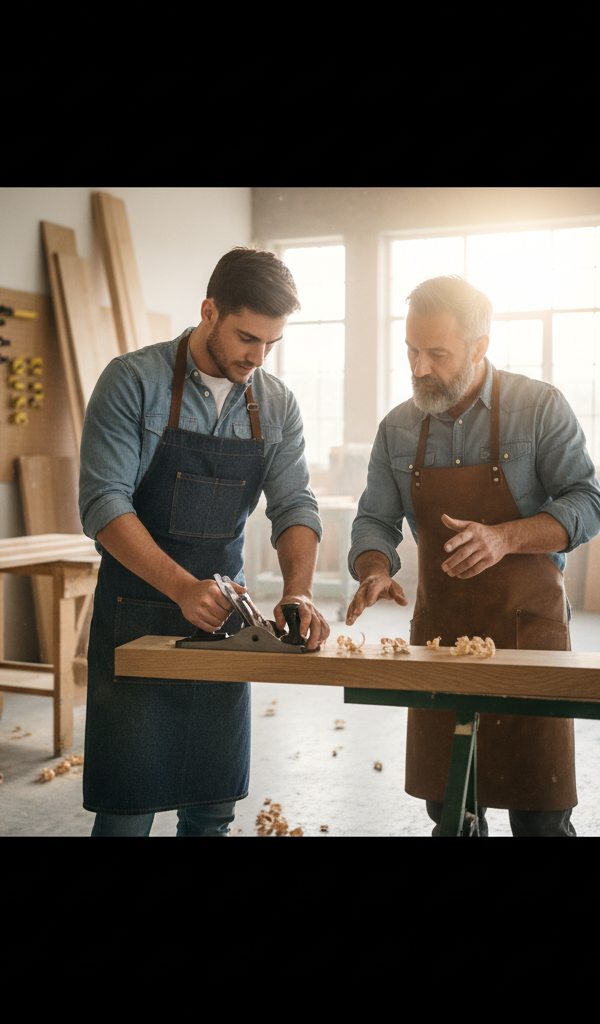 Deux artisans, un jeune et un expérimenté, travaillant ensemble dans un atelier moderne pour illustrer les solutions à la pénurie de main-d'œuvre dans l'artisanat et la transmission des savoir-faire en 2026.