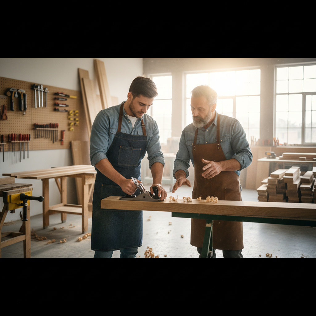 Deux artisans, un jeune et un expérimenté, travaillant ensemble dans un atelier moderne pour illustrer les solutions à la pénurie de main-d'œuvre dans l'artisanat et la transmission des savoir-faire en 2026.