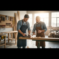 Deux artisans, un jeune et un expérimenté, travaillant ensemble dans un atelier moderne pour illustrer les solutions à la pénurie de main-d'œuvre dans l'artisanat et la transmission des savoir-faire en 2026.