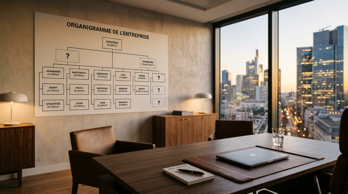 Illustration d'un dirigeant de PME perplexe face à des CV vides, symbolisant la pénurie talent PME en 2026 et le défi du recrutement.