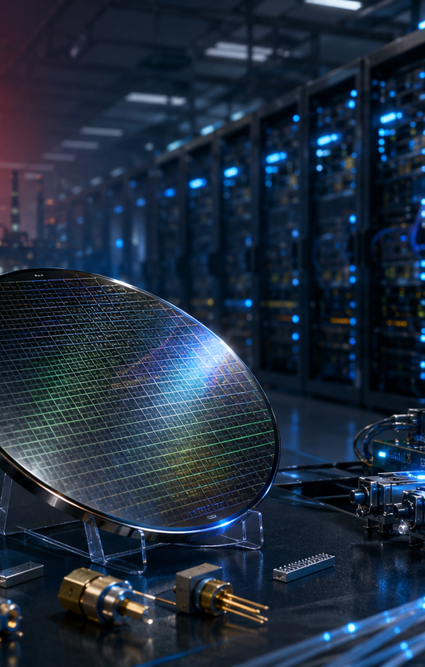 Phosphure d’indium au premier plan devant des composants photoniques et un data center IA, avec la Chine symbolisant le contrôle stratégique de cette chaîne d’approvisionnement.
