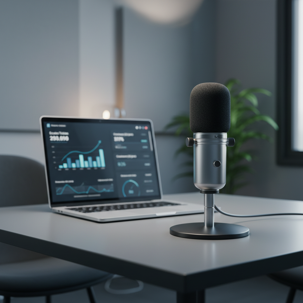 Une femme d'affaires souriante avec un casque micro, enregistrant un podcast B2B PME dans un studio moderne,