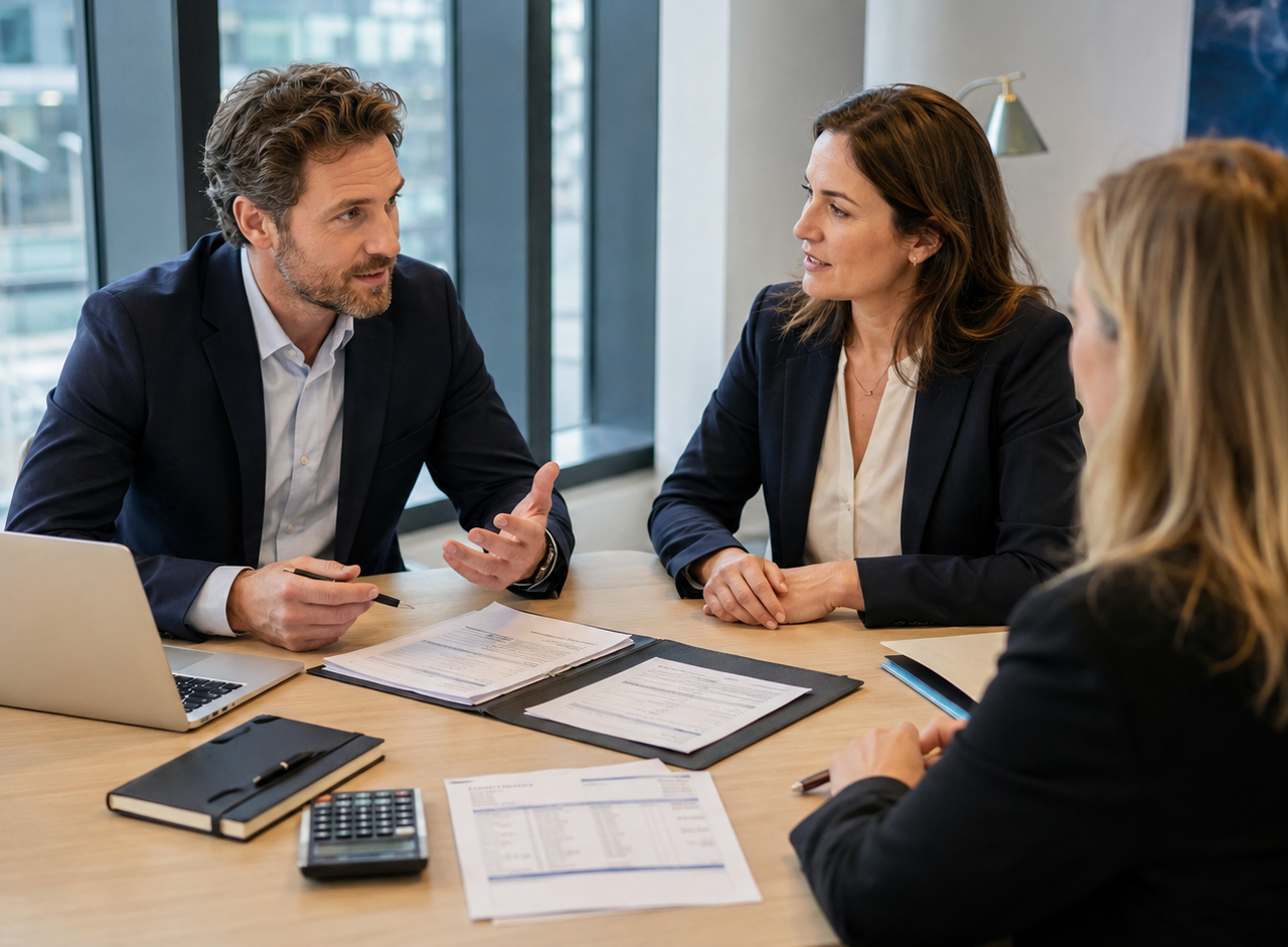 Consultant indépendant en réunion avec une entreprise cliente et une société de portage salarial autour d’un contrat et d’une simulation de rémunération.