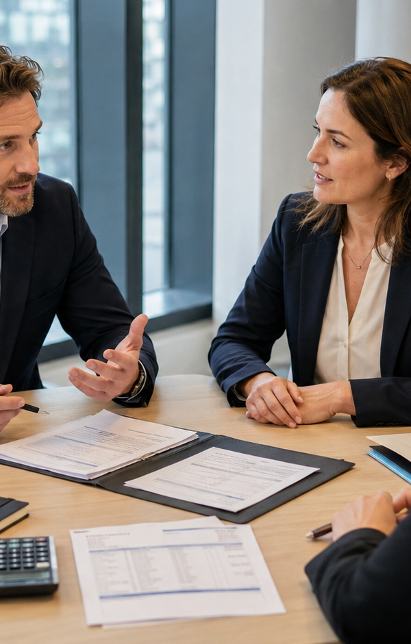 Consultant indépendant en réunion avec une entreprise cliente et une société de portage salarial autour d’un contrat et d’une simulation de rémunération.