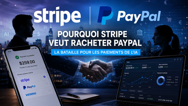 Illustration réaliste au format 16:9 représentant les logos de Stripe et PayPal dans un contexte de fusion potentielle entre les deux géants du paiement en ligne. Au centre de l’image, une poignée de main symbolise une éventuelle acquisition, entourée d’éléments liés aux paiements numériques, à l’intelligence artificielle et au commerce en ligne. Un smartphone affiche plusieurs moyens de paiement, dont Stripe, PayPal et Venmo, tandis qu’un tableau de bord analytique illustre les performances financières et les transactions. En arrière-plan, une ville moderne de nuit et des interfaces numériques évoquent les infrastructures de paiement, les fintechs et l’avenir du commerce piloté par les agents IA
