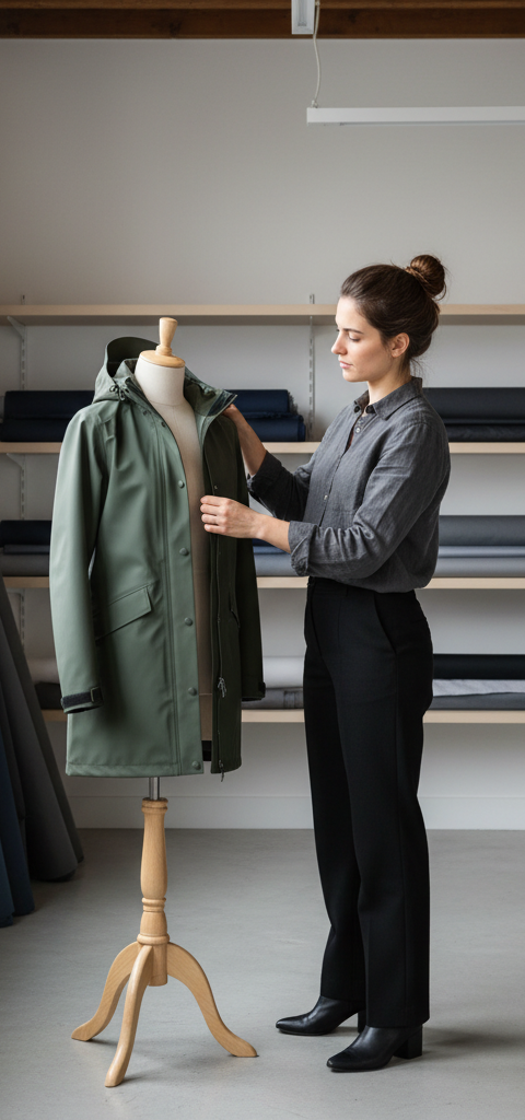 Illustration d'un vêtement de pluie Atelier Vent d'Ouest, symbolisant le succès d'une précommande e-commerce sans surstocker pour une marque durable.