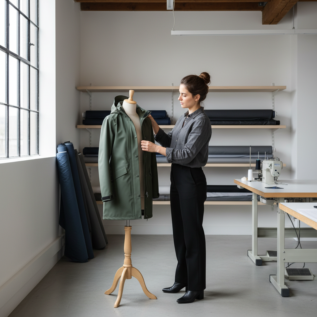 Illustration d'un vêtement de pluie Atelier Vent d'Ouest, symbolisant le succès d'une précommande e-commerce sans surstocker pour une marque durable.