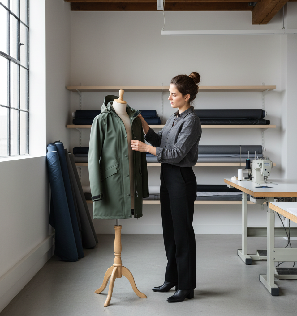 Illustration d'un vêtement de pluie Atelier Vent d'Ouest, symbolisant le succès d'une précommande e-commerce sans surstocker pour une marque durable.