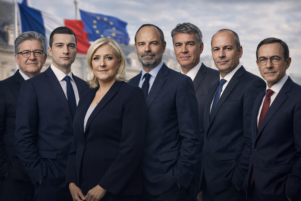 Un portrait des candidats à la présidentielle 2027, avec marine Le Pen, Jordan Bardella, jean luc melenchon, et d’autres candidats.