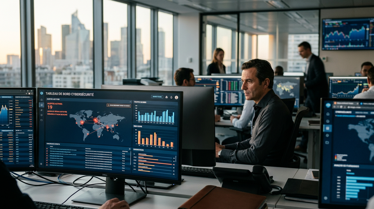 Illustration d'un bouclier numérique protégeant une entreprise, symbolisant le Prêt Bpifrance IA cybersécurité pour les PME.