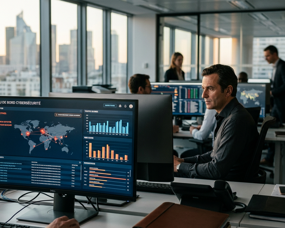 Illustration d'un bouclier numérique protégeant une entreprise, symbolisant le Prêt Bpifrance IA cybersécurité pour les PME.