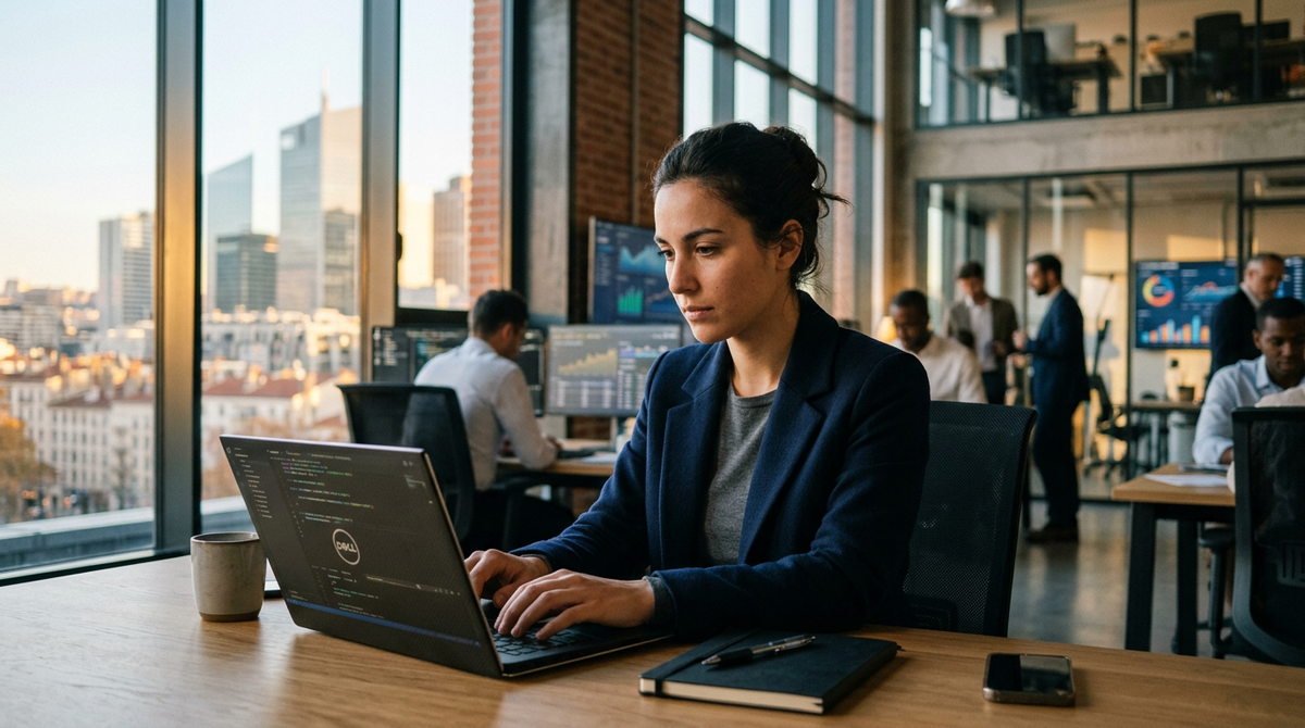 Jeune entrepreneur souriant devant un ordinateur, symbolisant le succès grâce au prêt d'honneur Bpifrance pour les startups numériques.