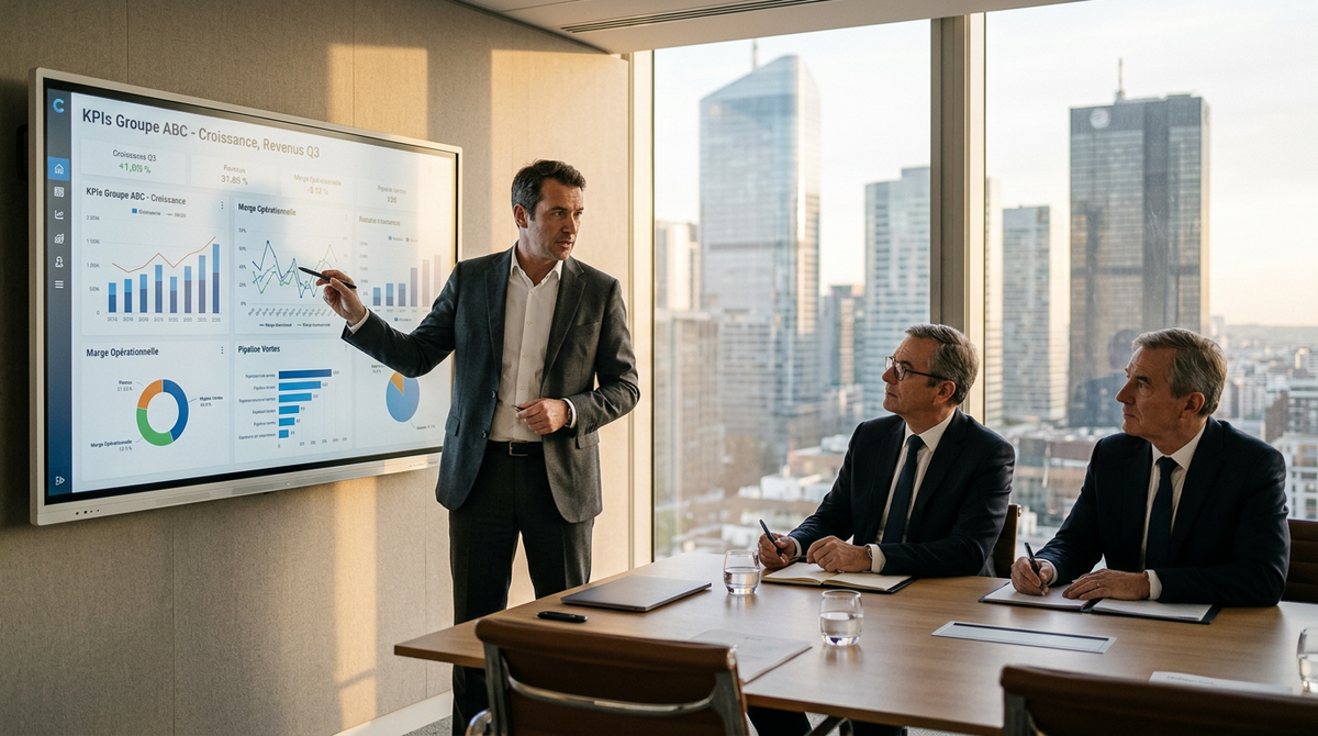 Une PME en pleine transformation numérique, symbolisée par des graphiques de croissance et des investisseurs de Private Equity discutant, illustrant l'attractivité pour le capital-investissement.