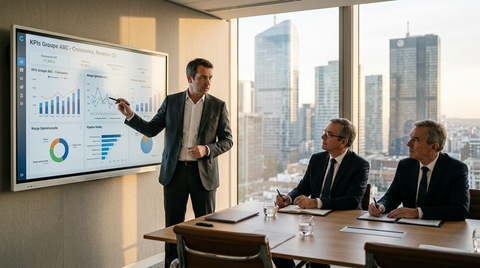 Une PME en pleine transformation numérique, symbolisée par des graphiques de croissance et des investisseurs de Private Equity discutant, illustrant l'attractivité pour le capital-investissement.