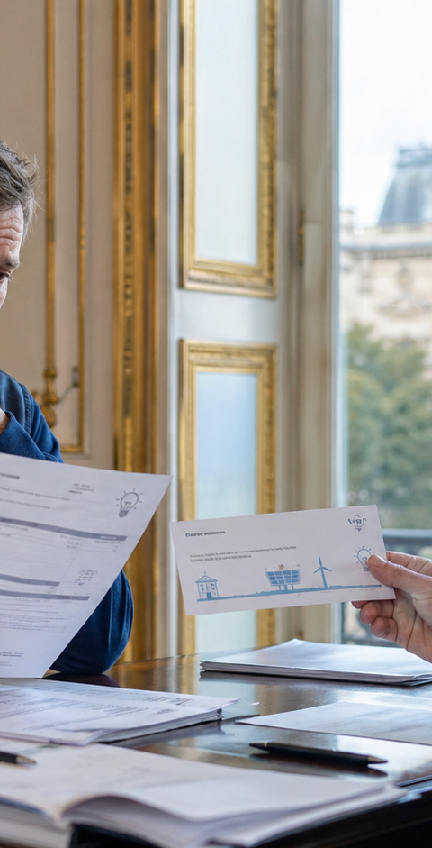 Scène réaliste dans un bureau officiel de style républicain, où un représentant de l’État échange avec un dirigeant de PME autour d’un document d’aide énergétique, sur fond de drapeau français et de graphiques de suivi, illustrant la préparation de chèques énergie pour soutenir les entreprises.