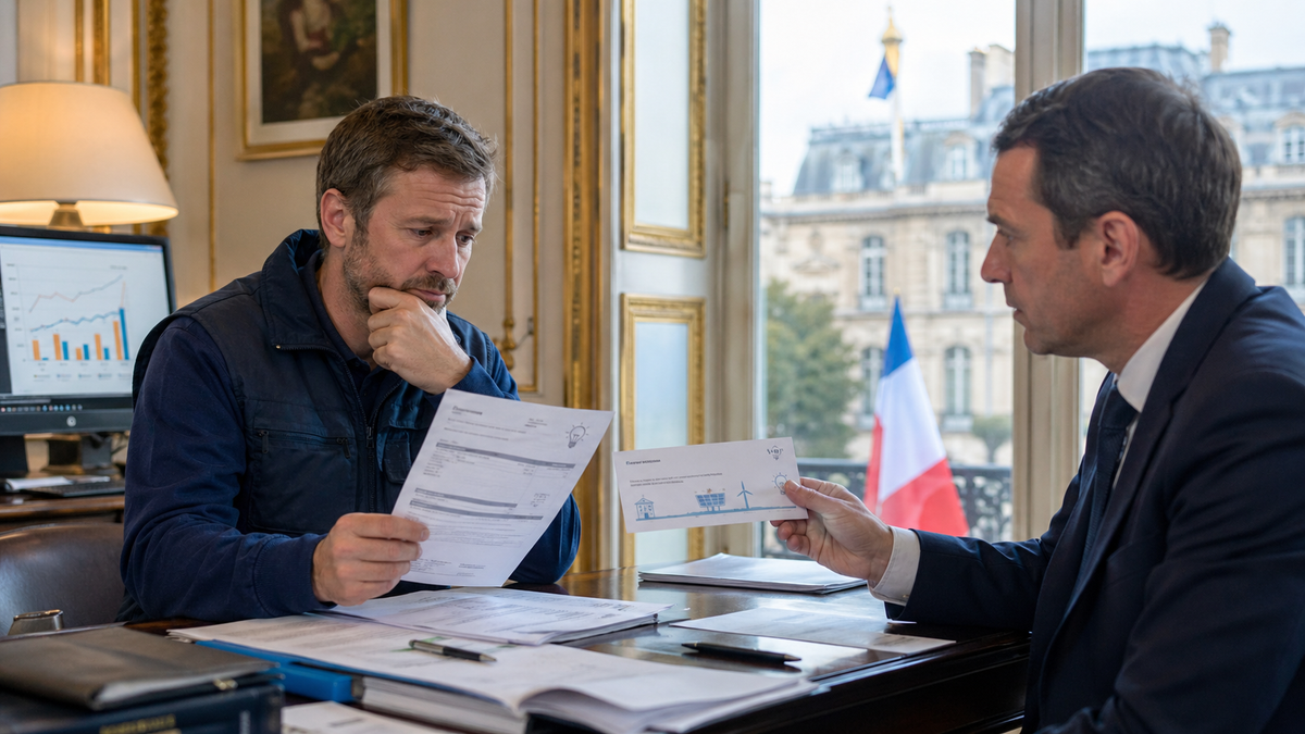 Scène réaliste dans un bureau officiel de style républicain, où un représentant de l’État échange avec un dirigeant de PME autour d’un document d’aide énergétique, sur fond de drapeau français et de graphiques de suivi, illustrant la préparation de chèques énergie pour soutenir les entreprises.