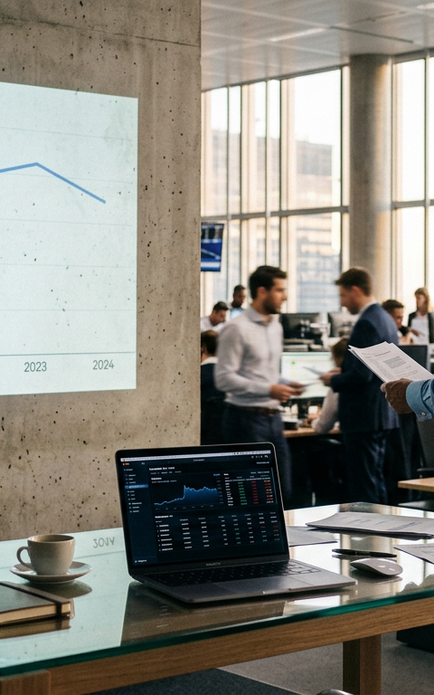 Illustration d'un graphique de productivité en baisse avec des éléments d'intelligence artificielle (IA) et des engrenages, symbolisant le défi de la Productivité par l’IA pour les PME françaises.